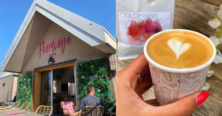 exterior shot of Flamingo Bar & Café and a close up shot of woman holding cup of coffee